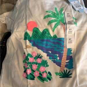 Cat & Jack White Short Sleeve Tee with Pink Sun and Green Tropical Print
